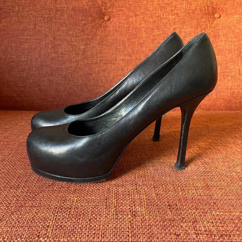 Yves Saint Laurent Tribtoo Black Leather Platform Heels - Picture 2 of 14